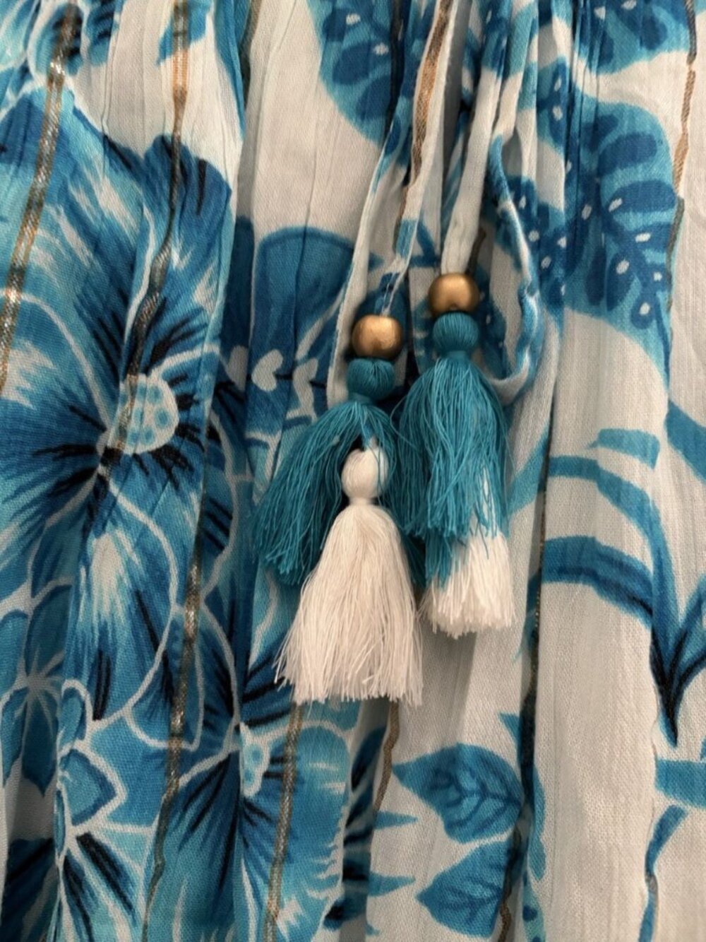 Women’s Blue Tropical Short Sleeve Boho Maxi Dress Size XL Tassels - Picture 7 of 9